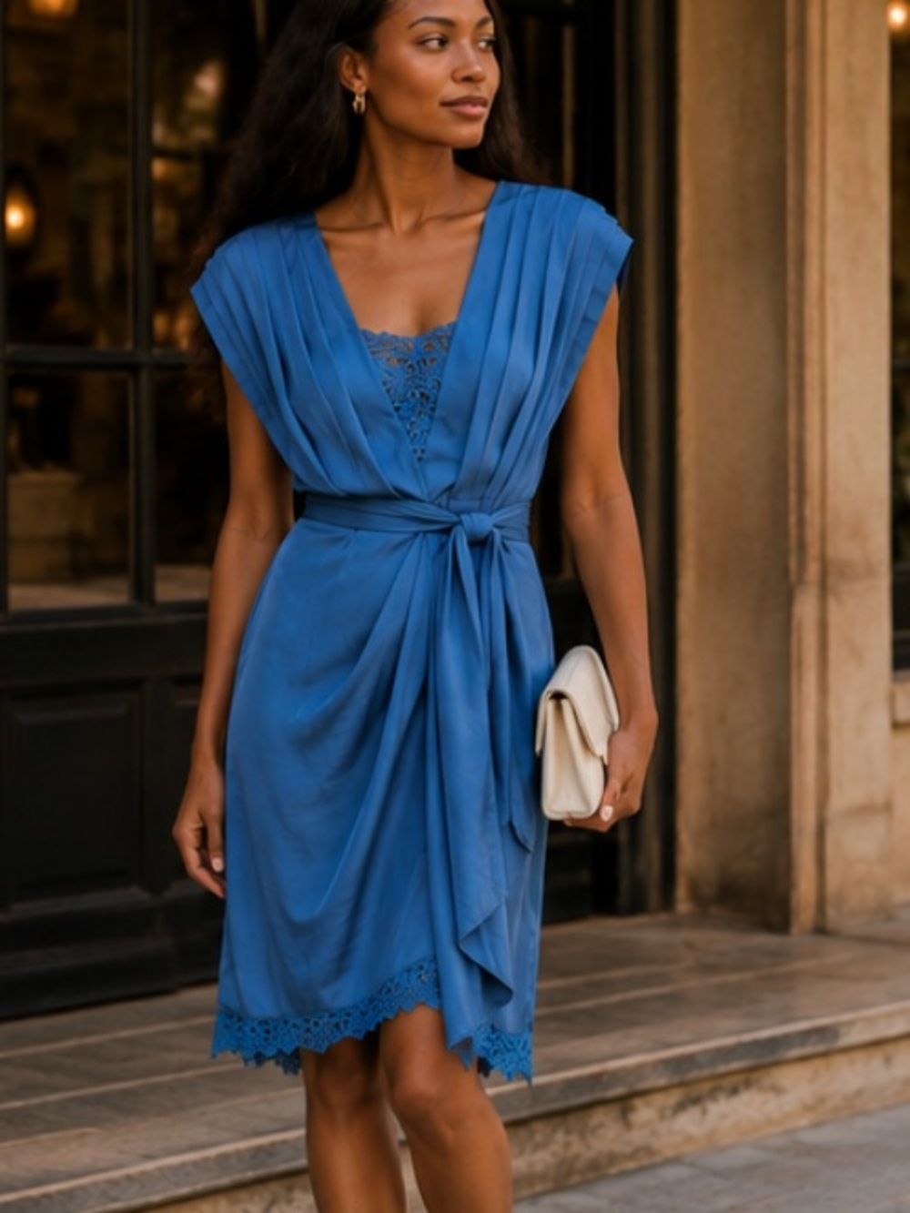 Catherine Malandrino 100% Silk Lace & Pleats Blue Dress